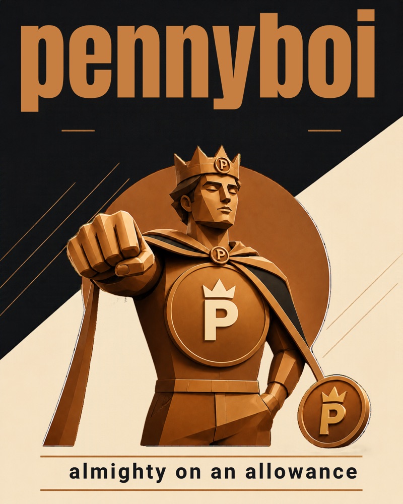Pennyboi — a crowned bronze hero hoisting a giant penny