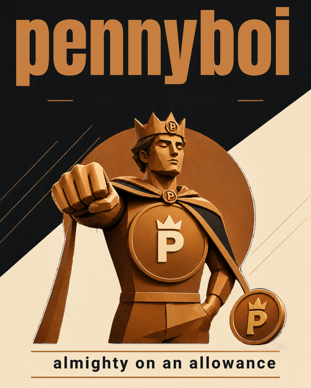 Pennyboi — a crowned bronze hero hoisting a giant penny
